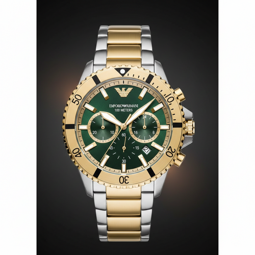ساعة كرونوغراف Emporio Armani AR11586 للرجال، غواص، مينا أخضر، ستانلس ستيل بلونين