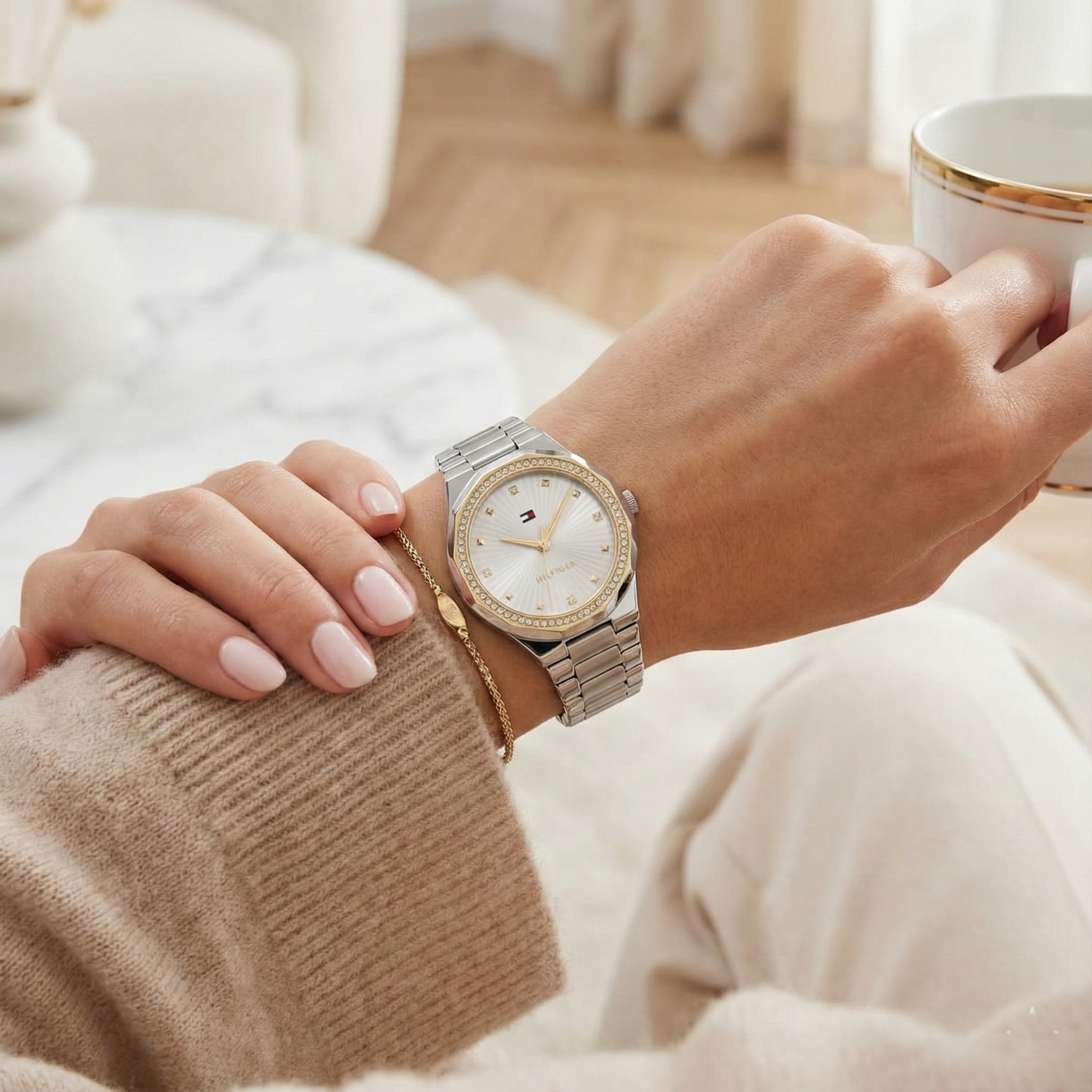 Tommy Hilfiger Ladies Crystal-Accent Watch – Model 1782723 – Silver & Gold Bracelet