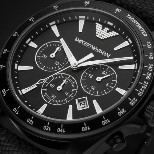 ساعة كرونوغراف Emporio Armani AR6131 رجالي مينا سوداء بسوار قماشي أسود سيجما