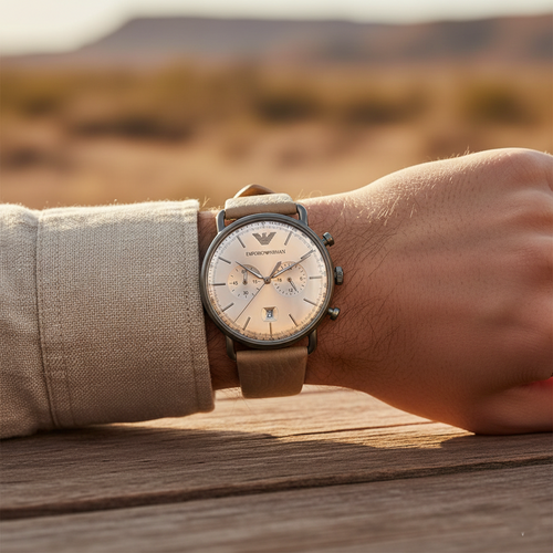 ساعة يد إمبوريو أرماني أفياتور AR11107 جلد بيج ومعدن بلون رصاصي