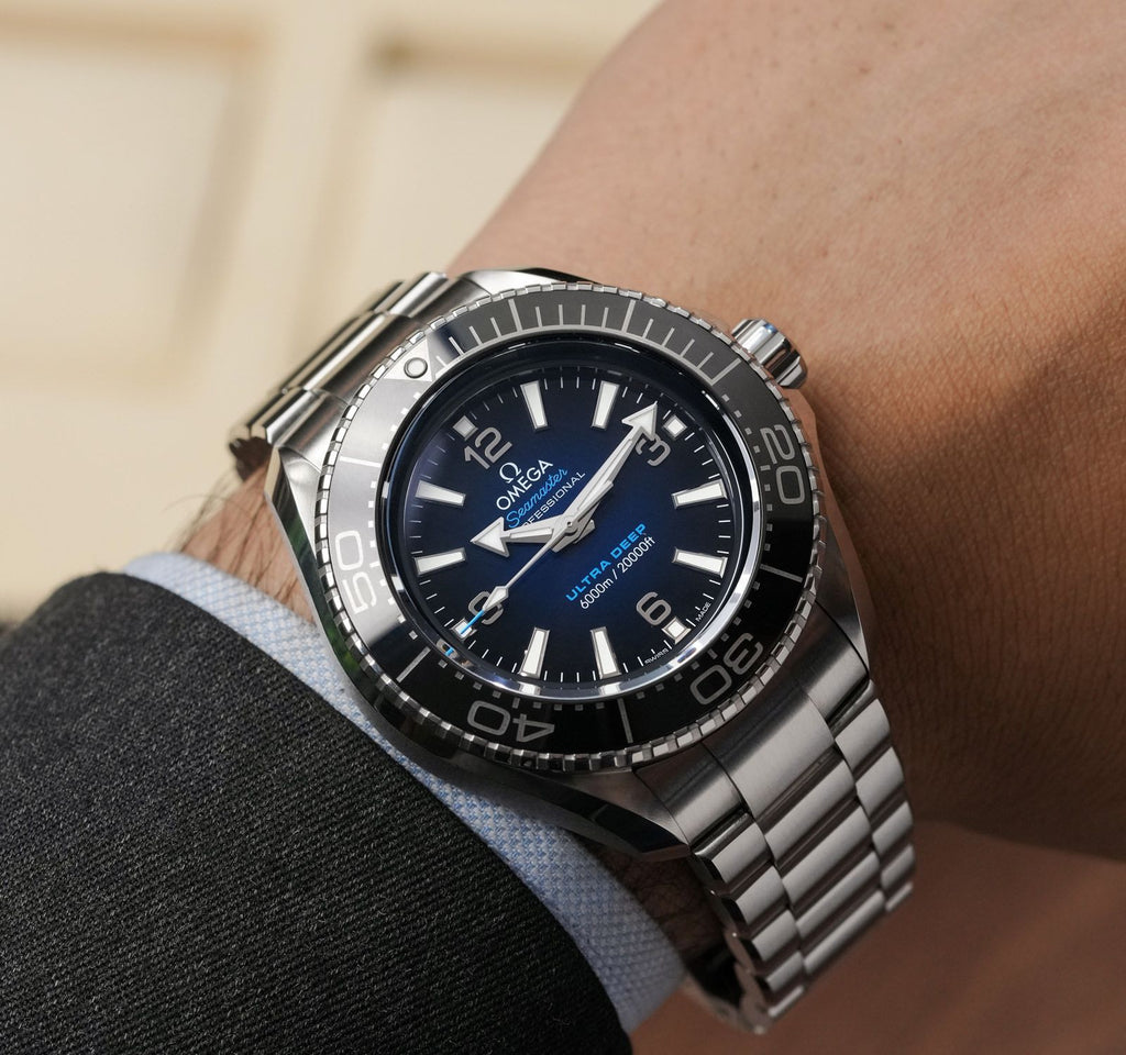 Omega Seamaster Planet Ocean 6000M Co Axial Master Chronometer Blue Dial Silver Steel Strap Watch for Men Automatic size 43.5mm