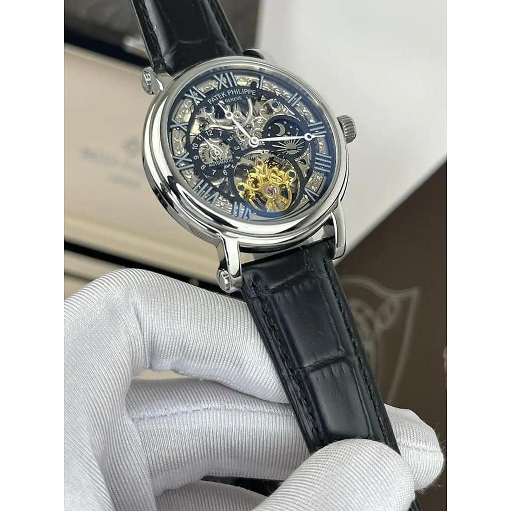 Patek Philippe Men’s Black Sunray Dial Silver-Tone Watch